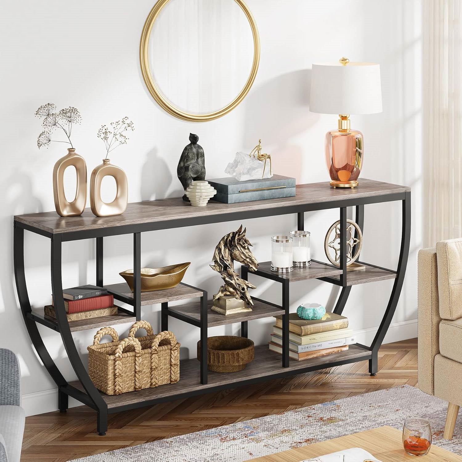 Industrial Chic 70-inch Long Narrow Console Sofa Table with Gray Wood Shelves