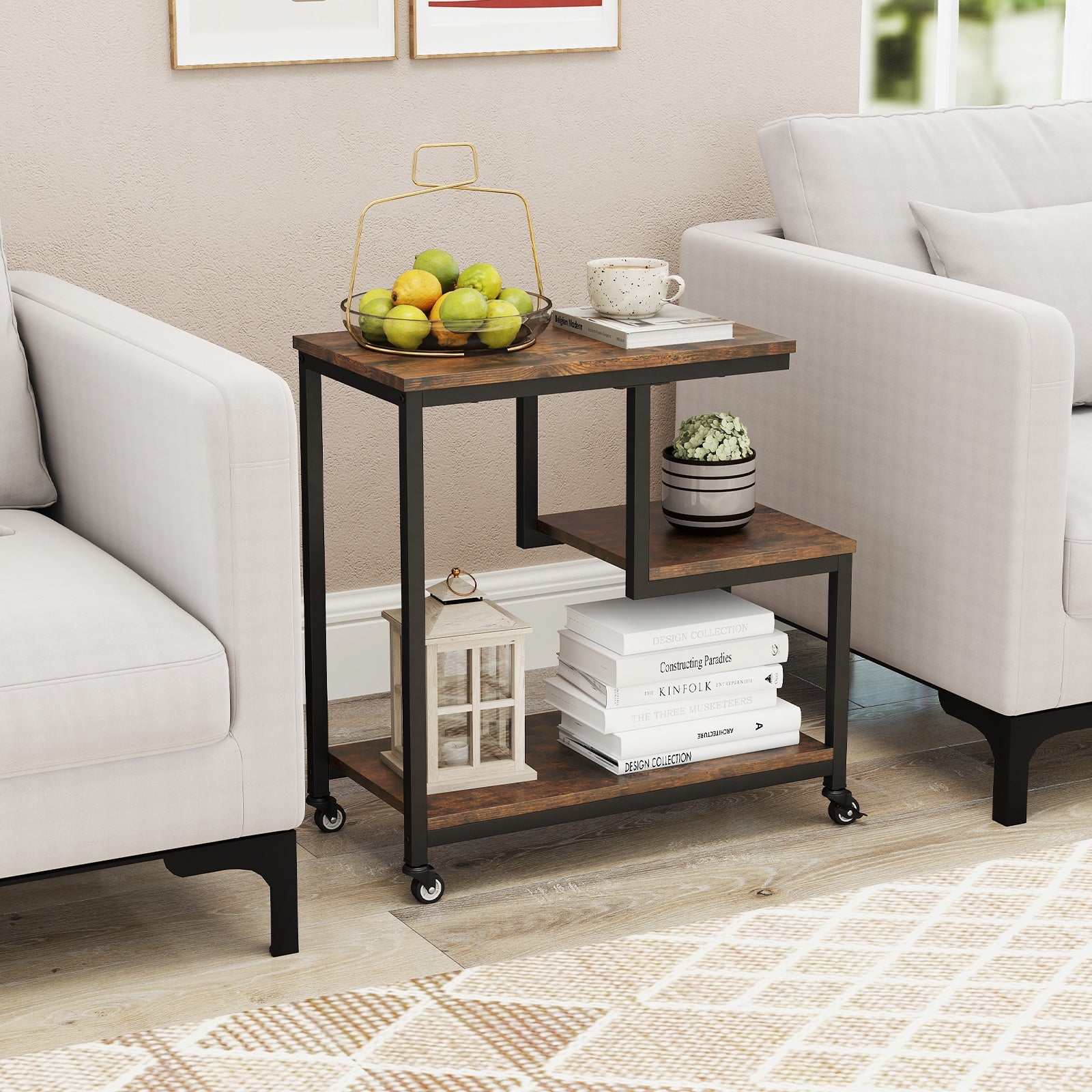 G-shaped Side Table 3-Tier Mobile End Table with Open Shelves