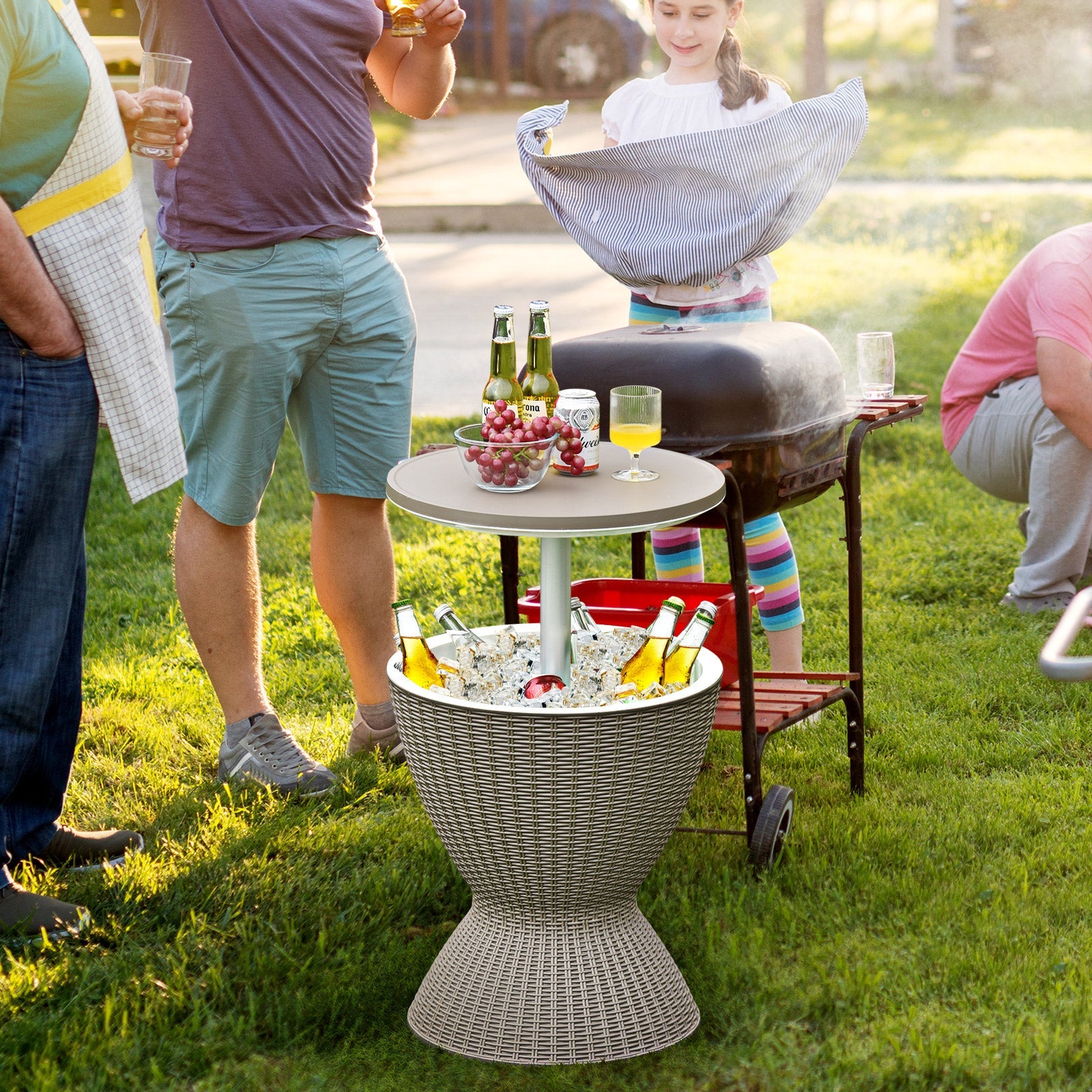 3 in 1 8 Gallon Patio Rattan Cooler Bar Table with Adjust Ice Bucket-Black