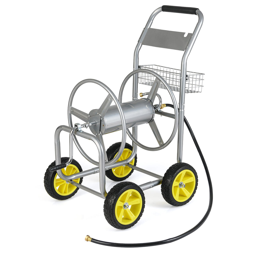 Garden Hose Reel Cart Metal Hose Cart with 4 Wheels and Storage Basket