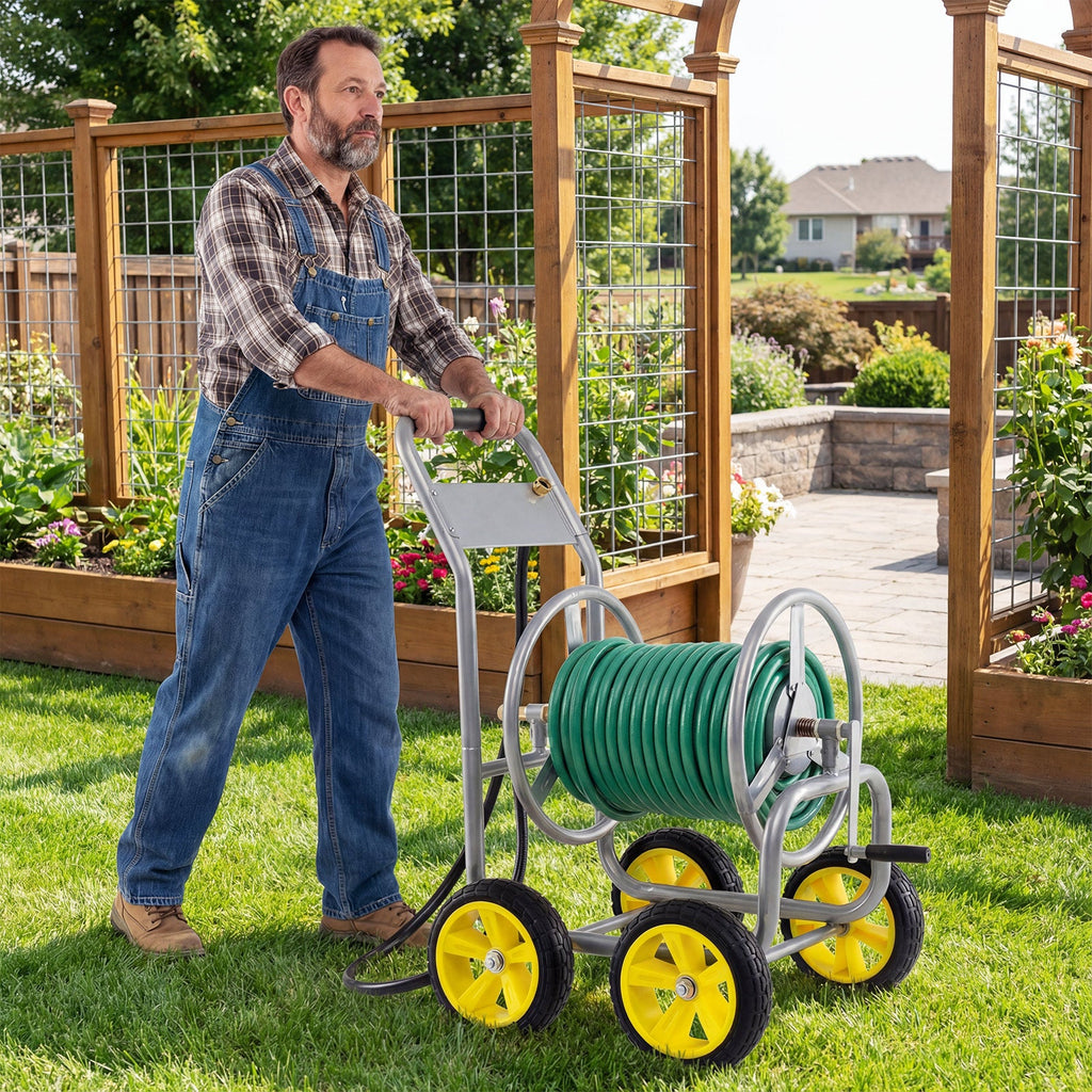 Garden Hose Reel Cart 4 Wheels Heavy-Duty Metal Water Hose Organizer Portable