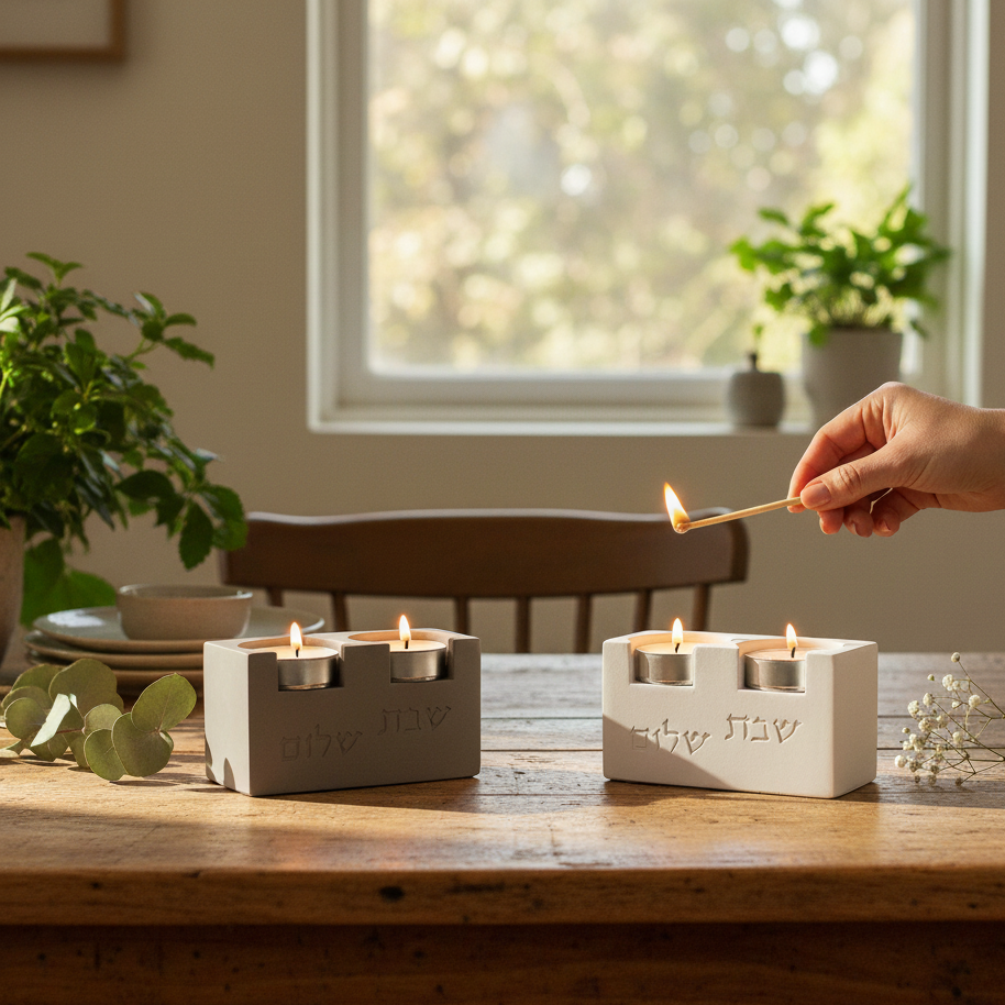 Elegant Shabbat Candle Holders Set with Concrete Tray - Urban Shabbat Series