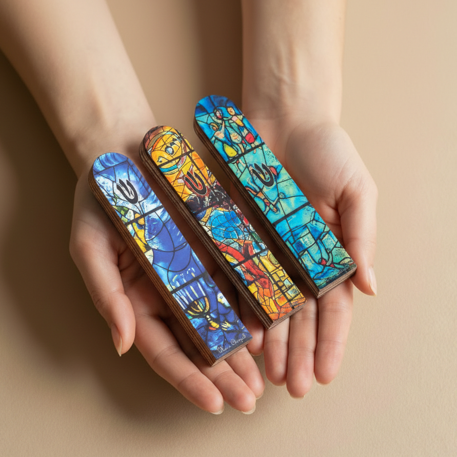 Artistic Wooden Mezuzah – Inspired by Chagall Glass Windows - Chagall Series