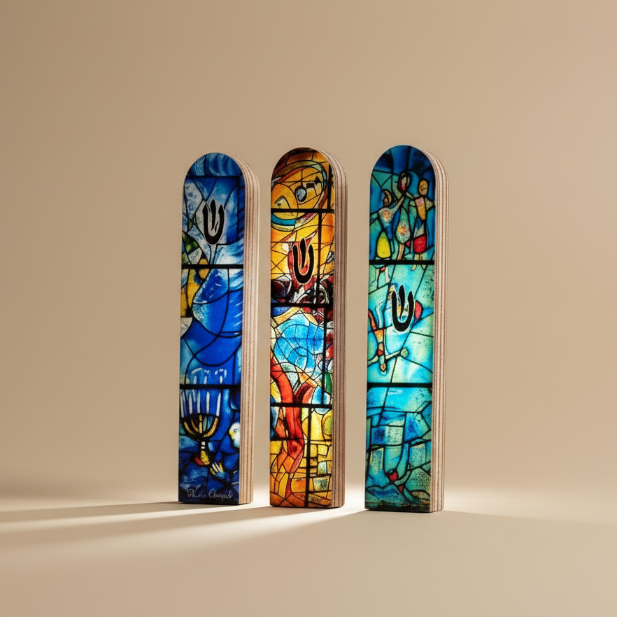 Artistic Wooden Mezuzah – Inspired by Chagall Glass Windows - Chagall Series