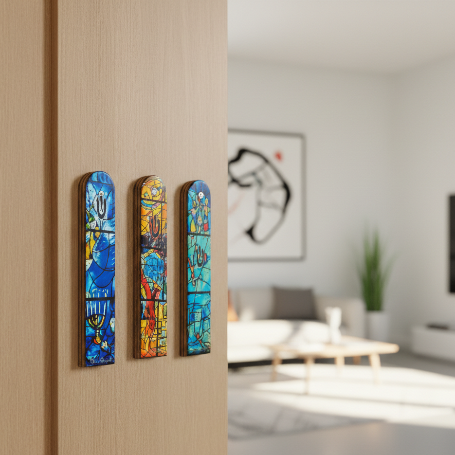 Artistic Wooden Mezuzah – Inspired by Chagall Glass Windows - Chagall Series