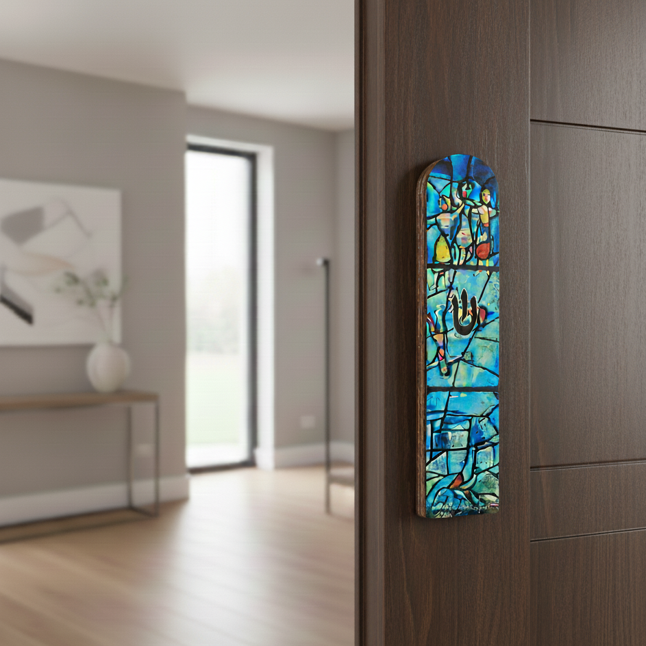 Artistic Wooden Mezuzah – Inspired by Chagall Glass Windows - Chagall Series