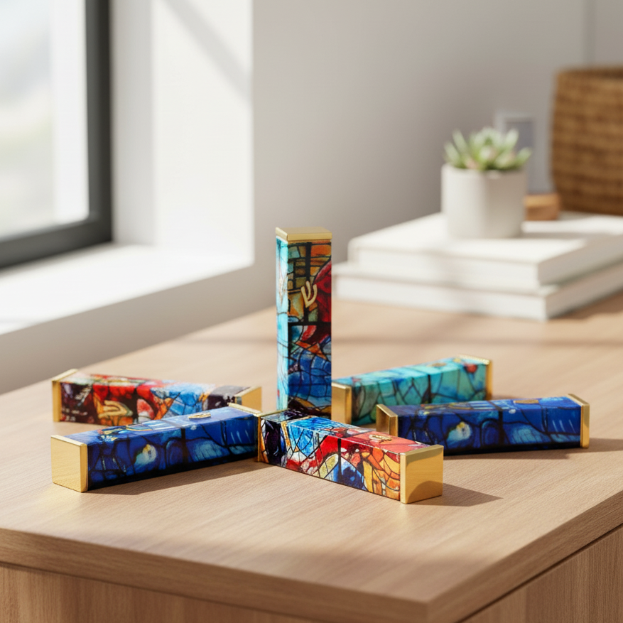 Stylish Stainless Steel Mezuzah with Colorful Design - Chagall Series