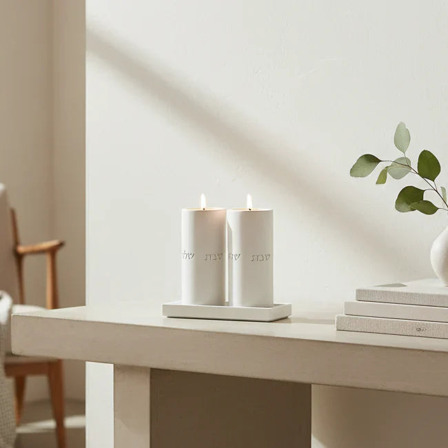Set of terrazzo candleholder for Shabbat with matching tray - Stone Glow Series