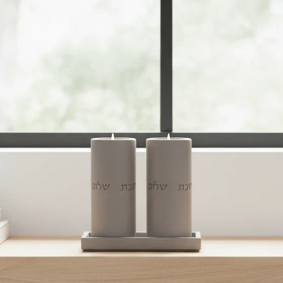 Set of Shabbat Candle Holders with a Designed Concrete Tray - Stone Glow Series