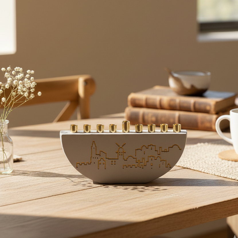 Stylish Hanukkah Menorah – Jerusalem Outline L Series