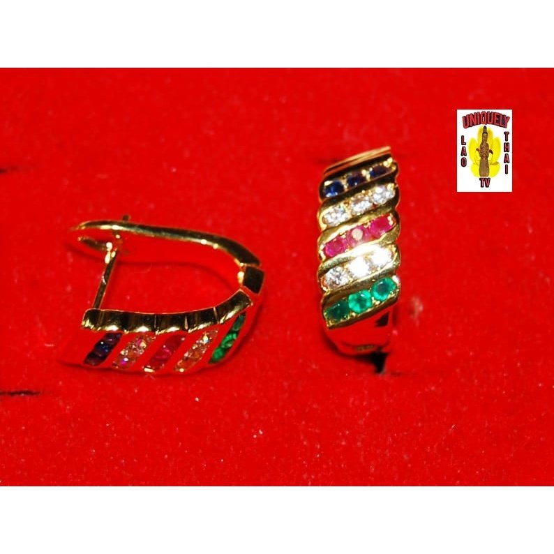 Gold Earring Five strips of Colored Stones
