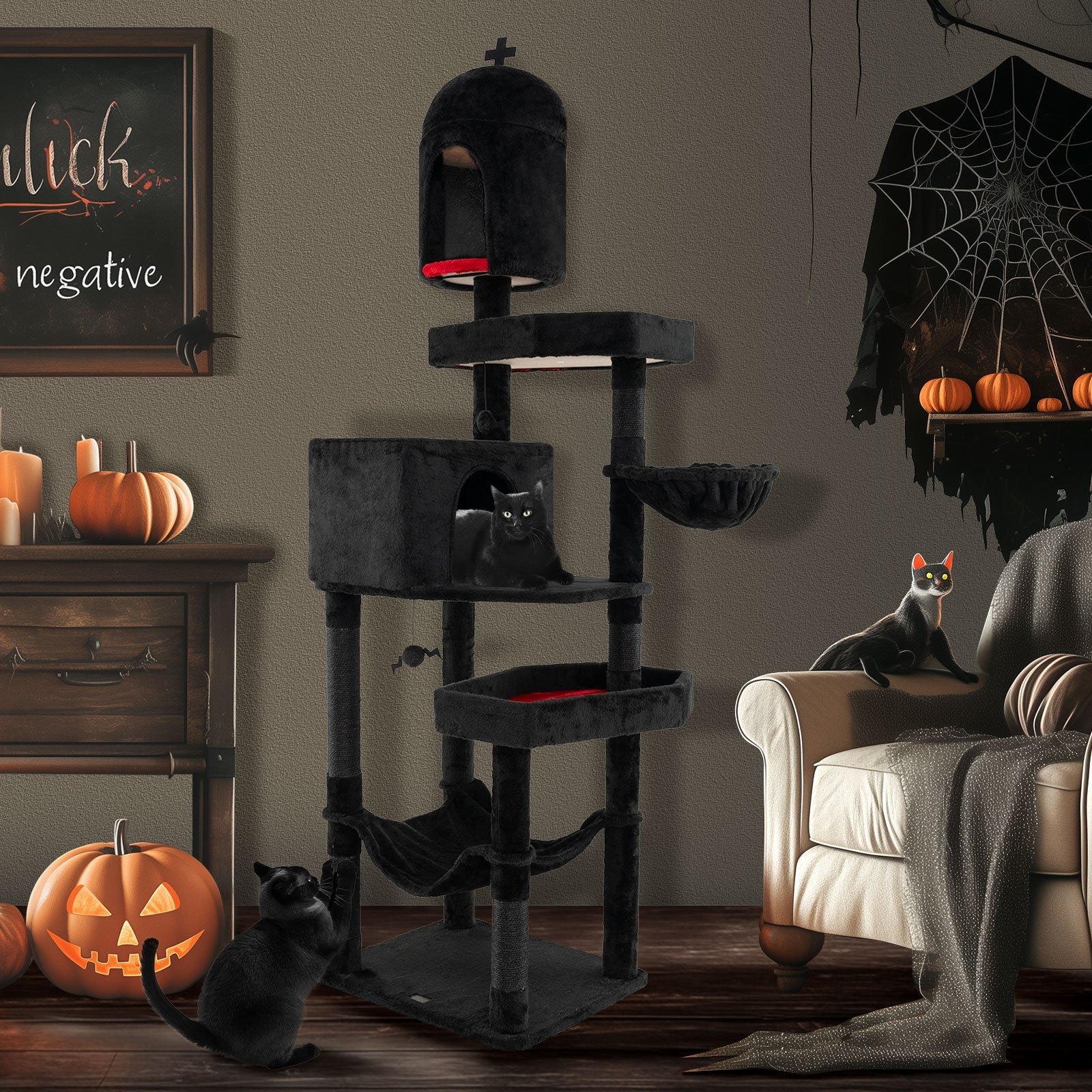 Gothic Cat Tree with 2 Cat Condos and Coffin Bed for Indoor Cats-Black