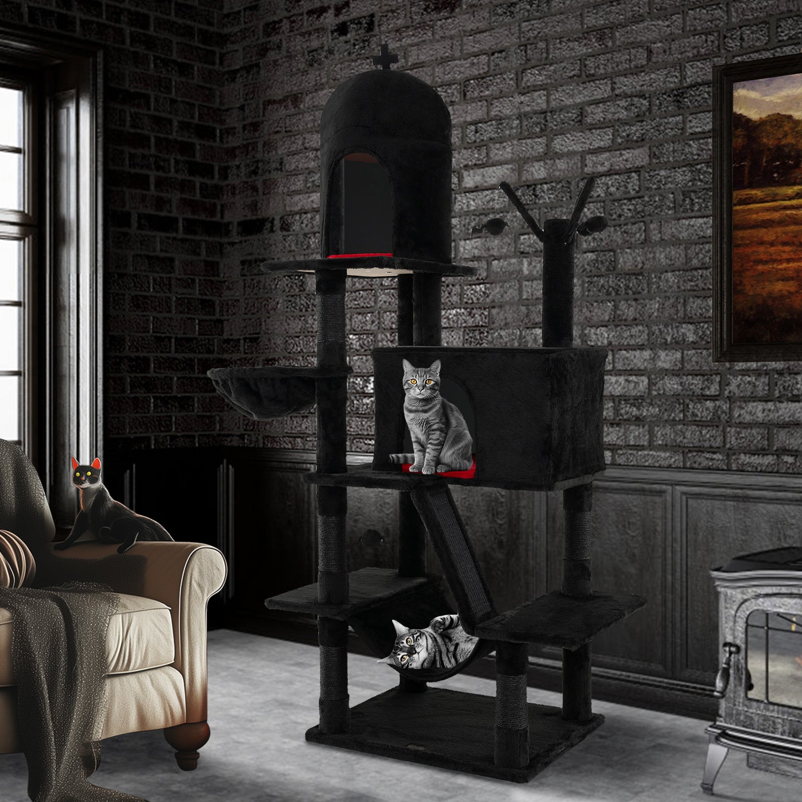 Gothic Cat Tree with 2 Cat Condos and Spooky Dangling Ball for Indoor Cats-Black