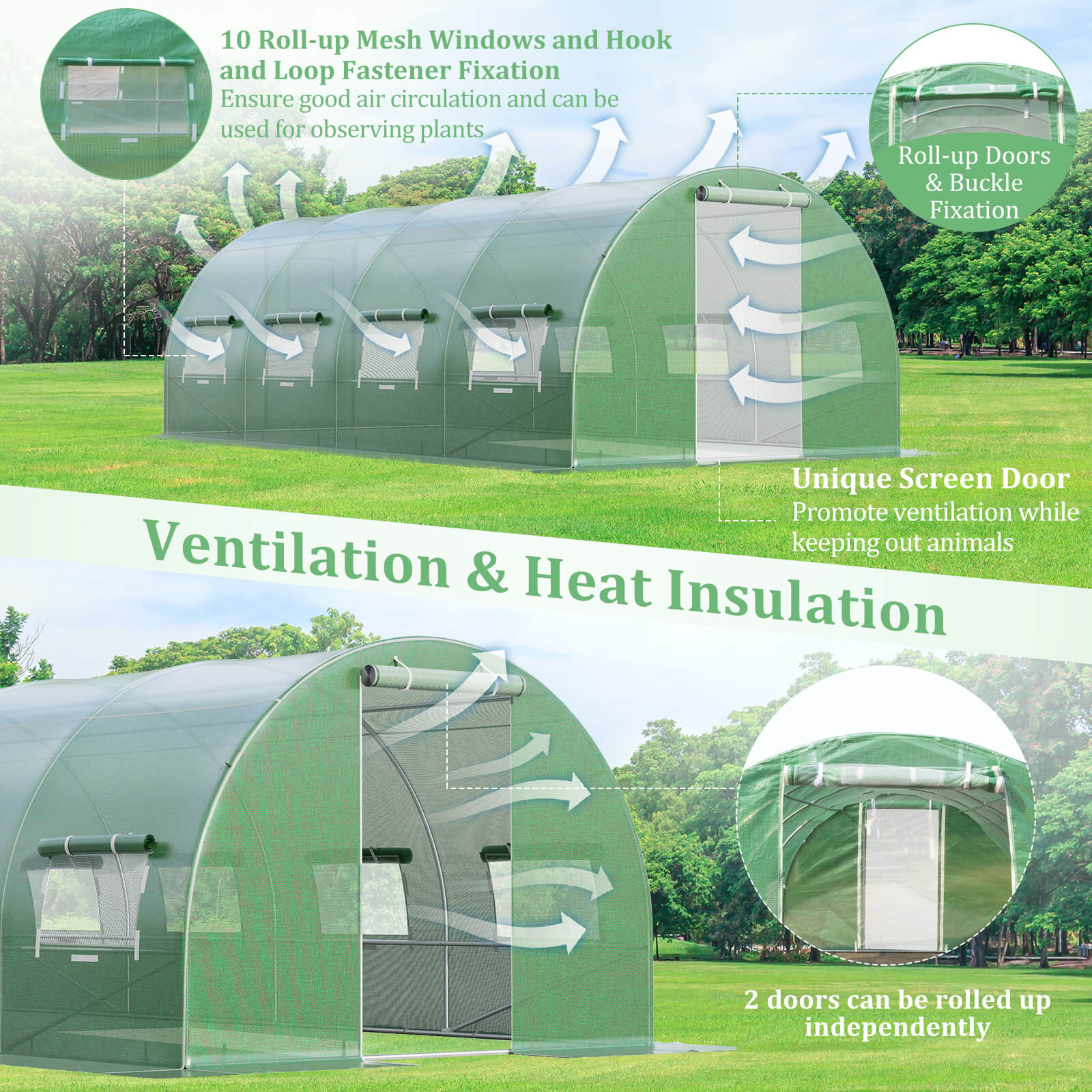 20 x 10 x 6.6 Feet Greenhouse with Windows and Doors for Outdoor-Green