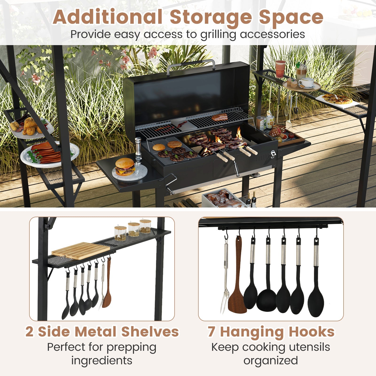 13 x 5 Feet Grill Gazebo with Dual Side Awnings and 2 Shelves Adjustable Shadow