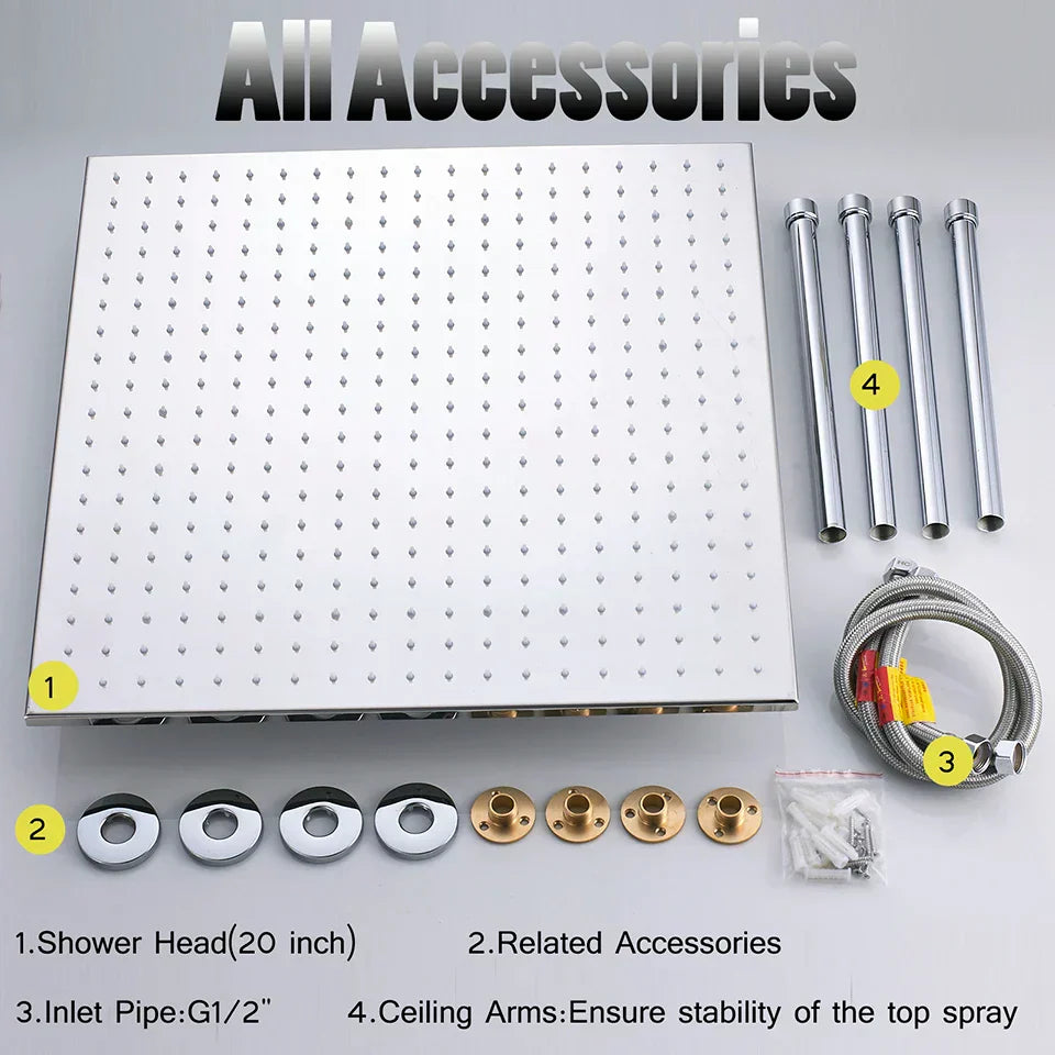 DecorBites™ 20" Chrome LED Rain Shower Head Ceiling Mounted Top Sprayer with Arm