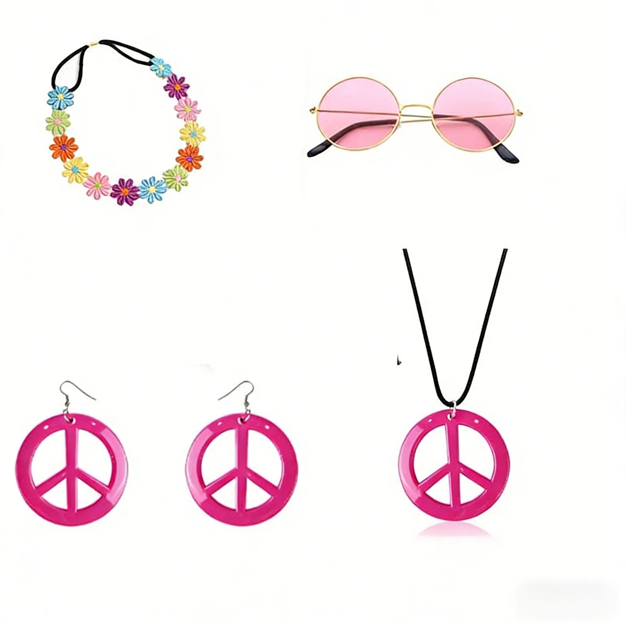 PESENAR  60s Hippie Costume Accessory Set with Flower Headband, Pink Sunglasses and Peace Sign Jewelry