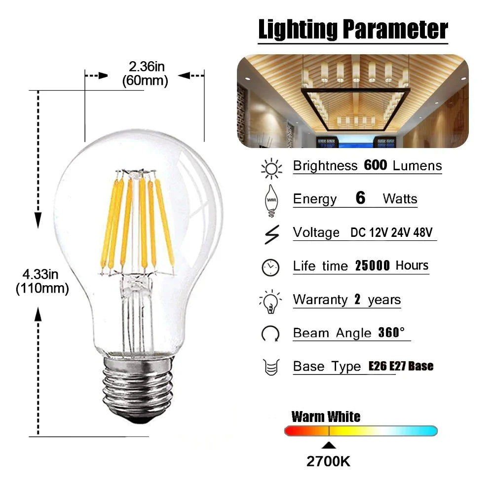DecorBites™ LED Filament Bulb A19 6W 4500K Daylight Warm White E26 E27