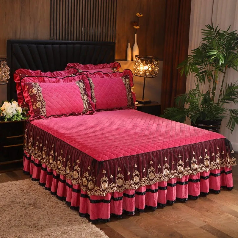 DecorBites™ Crystal Velvet Bedspread Set with Super Soft Quilting & Lace Bedskirt