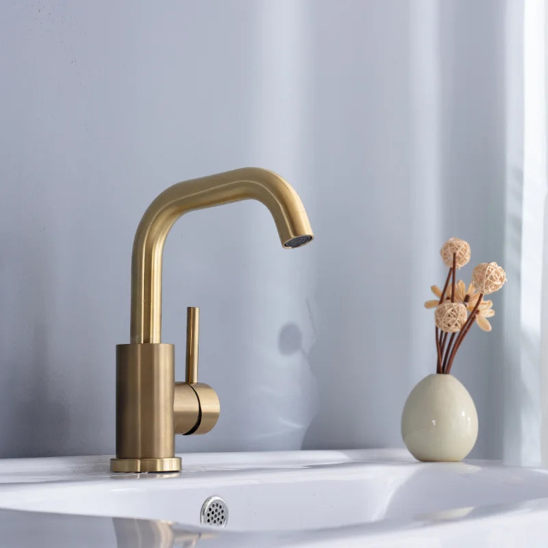 DecorBites™ Brushed Gold Basin Faucet Single Handle Deck Mounted Cold Hot Mixer Tap