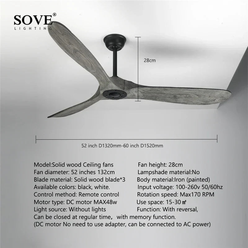 DecorBites™ 60" Solid Wood DC Ceiling Fan with Remote Control