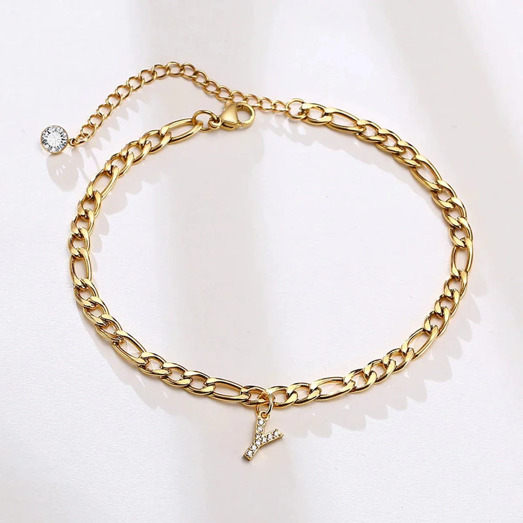 Mandotos Crystal A Z Letter Initial Anklets For Women Cuban Link Stainless Steel Beach Anklet