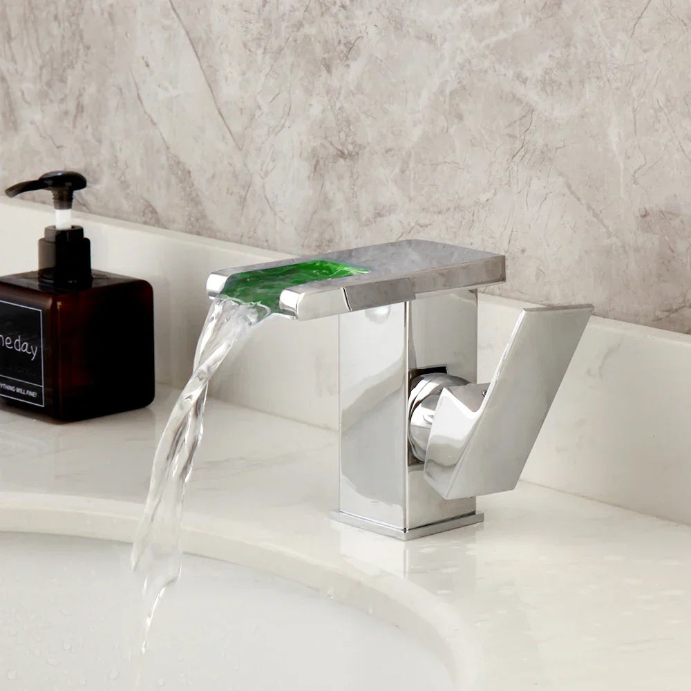 DecorBites™ LED Waterfall Basin Faucet White & Black Mixer Tap Deck Mount Solid Brass