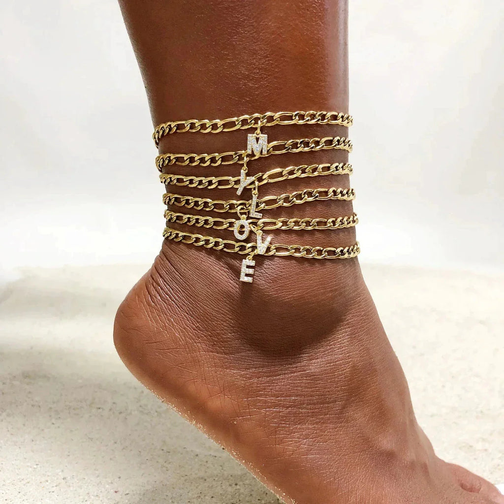 Mandotos Crystal A Z Letter Initial Anklets For Women Cuban Link Stainless Steel Beach Anklet