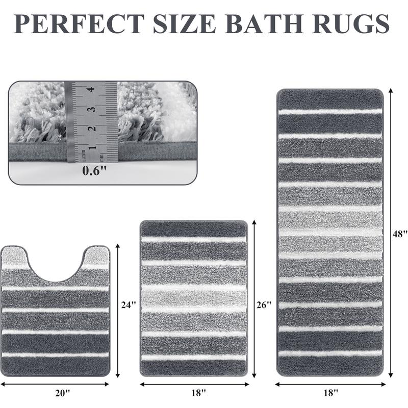 HEBE Washable Bathroom Rug Mat Set 3 Piece, Microfiber Shaggy Bath Set, Non-Slip Ultra Soft Carpet Mats, Absorbent with U-Shaped Toilet for Bathroom, Tub, Shower