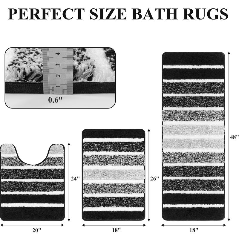 HEBE Washable Bathroom Rug Mat Set 3 Piece, Microfiber Shaggy Bath Set, Non-Slip Ultra Soft Carpet Mats, Absorbent with U-Shaped Toilet for Bathroom, Tub, Shower