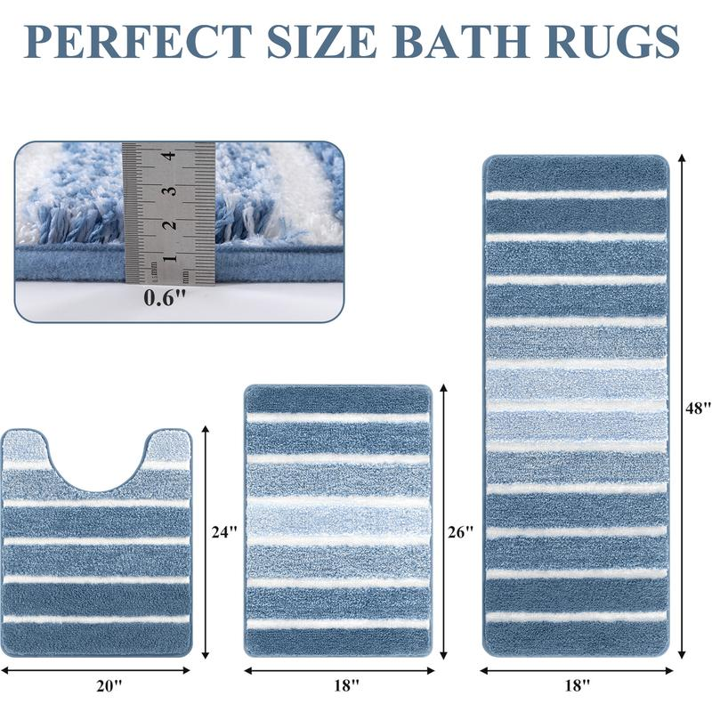HEBE Washable Bathroom Rug Mat Set 3 Piece, Microfiber Shaggy Bath Set, Non-Slip Ultra Soft Carpet Mats, Absorbent with U-Shaped Toilet for Bathroom, Tub, Shower