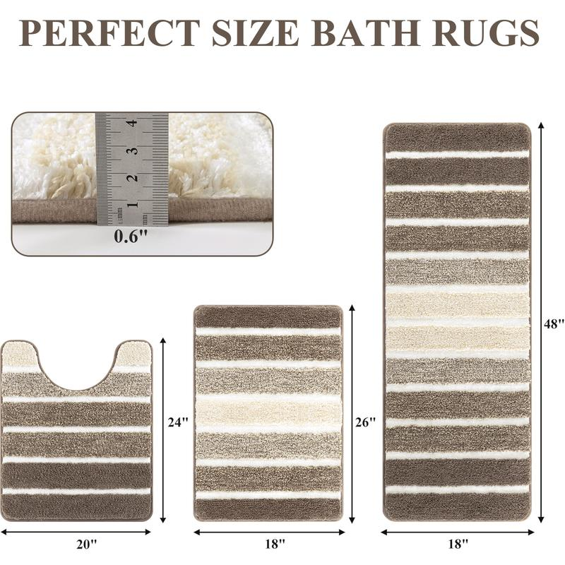 HEBE Washable Bathroom Rug Mat Set 3 Piece, Microfiber Shaggy Bath Set, Non-Slip Ultra Soft Carpet Mats, Absorbent with U-Shaped Toilet for Bathroom, Tub, Shower