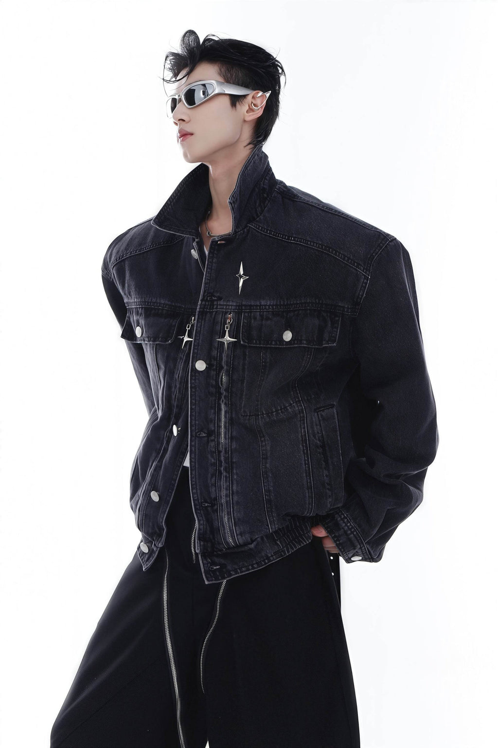Heavyweight Denim Jacket - Washed Shoulder Pads & Metal Zipper Design