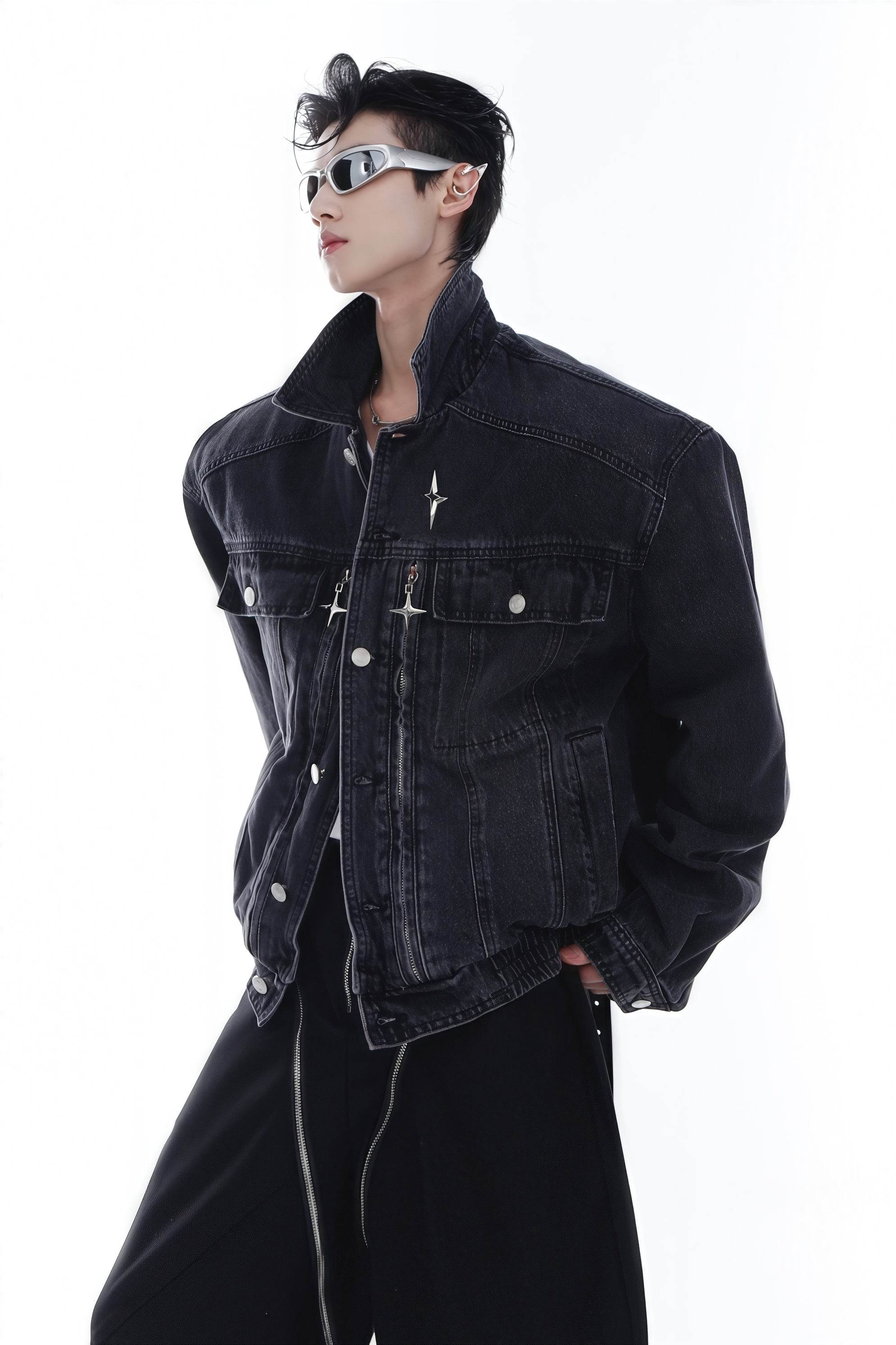 Heavyweight Denim Jacket - Washed Shoulder Pads & Metal Zipper Design