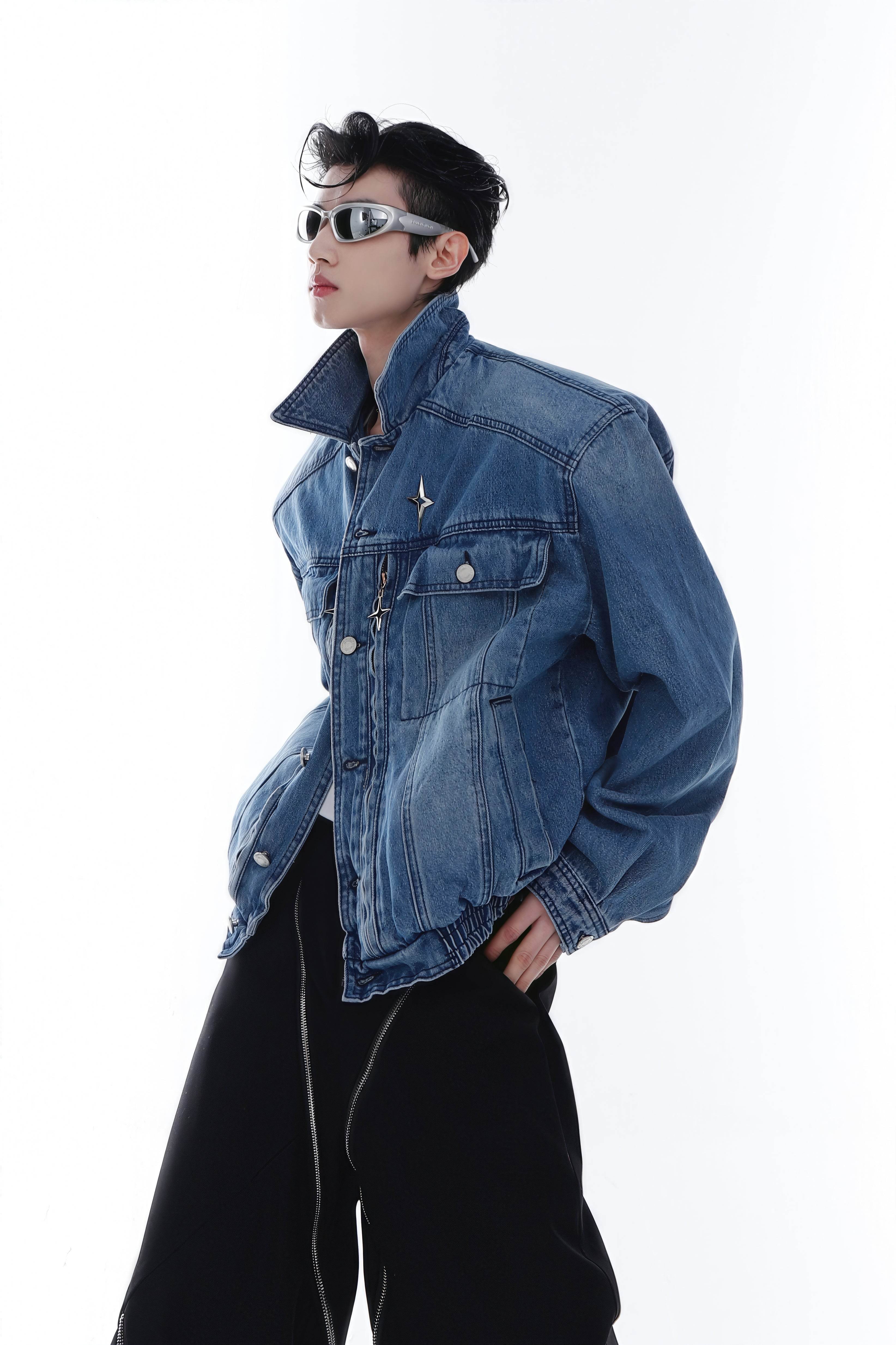 Heavyweight Denim Jacket - Washed Shoulder Pads & Metal Zipper Design