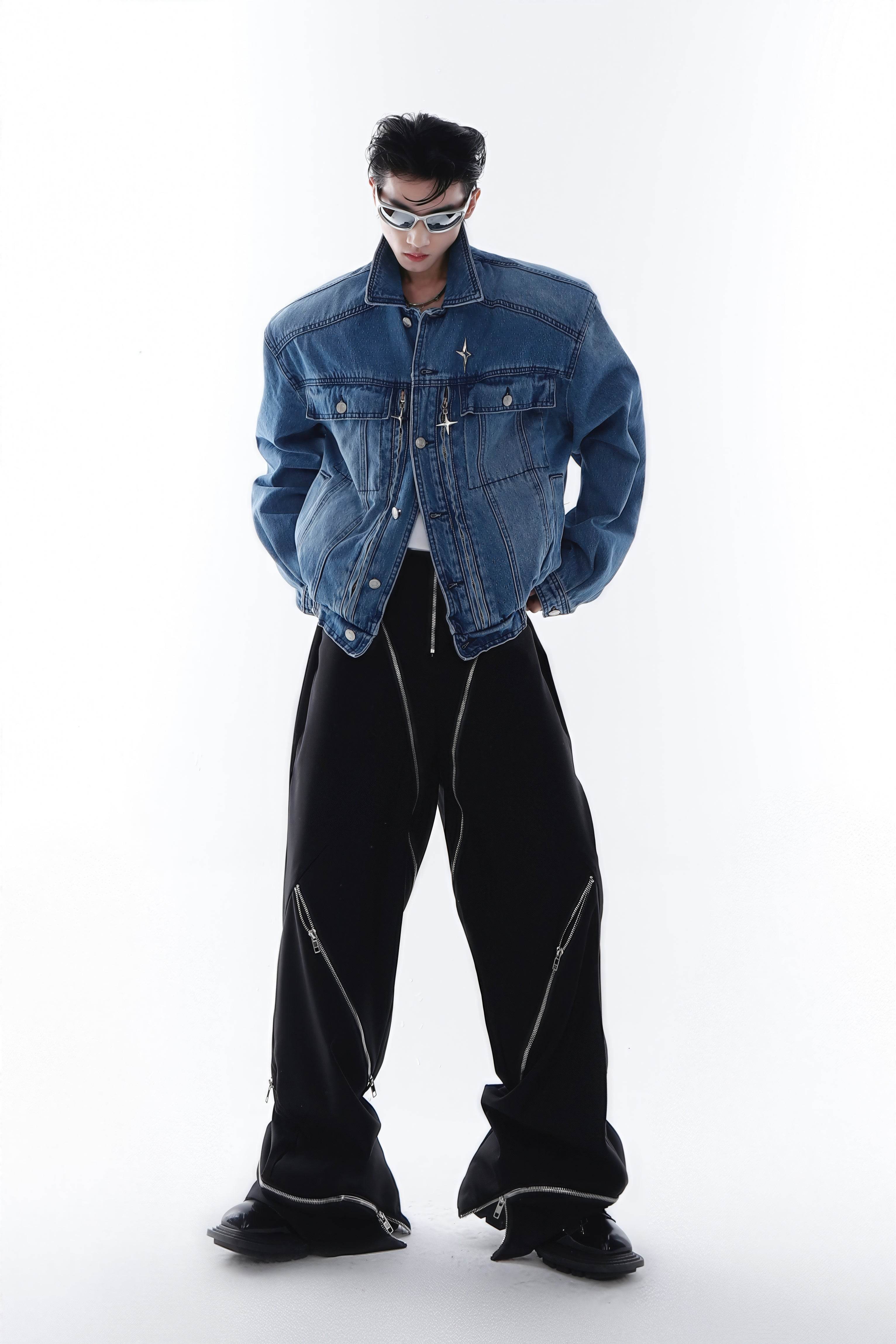 Heavyweight Denim Jacket - Washed Shoulder Pads & Metal Zipper Design