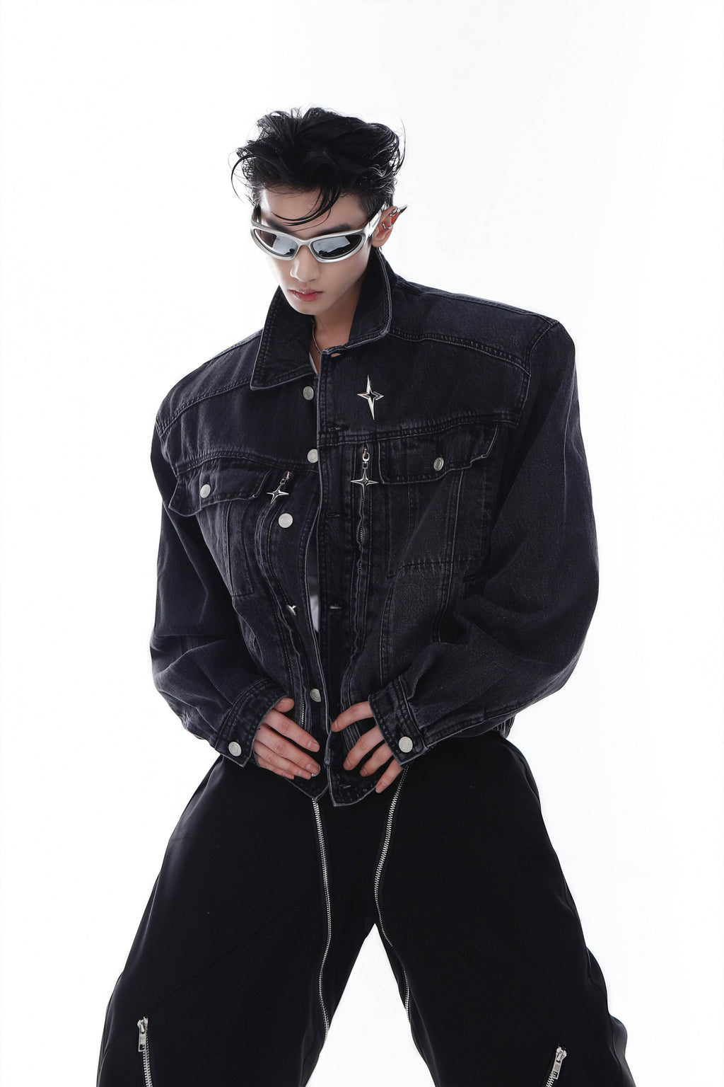 Heavyweight Denim Jacket - Washed Shoulder Pads & Metal Zipper Design
