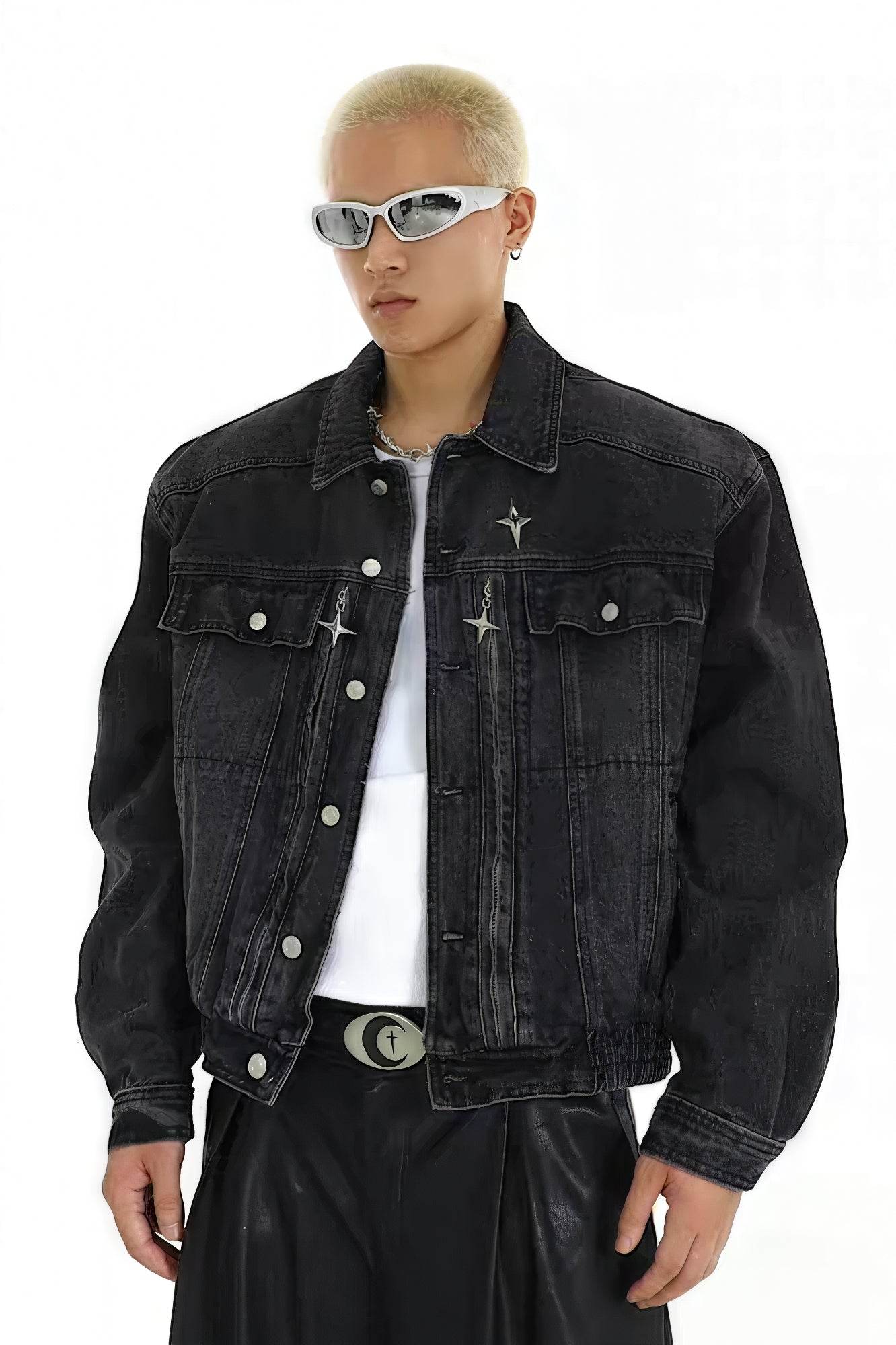 Heavyweight Denim Jacket - Washed Shoulder Pads & Metal Zipper Design