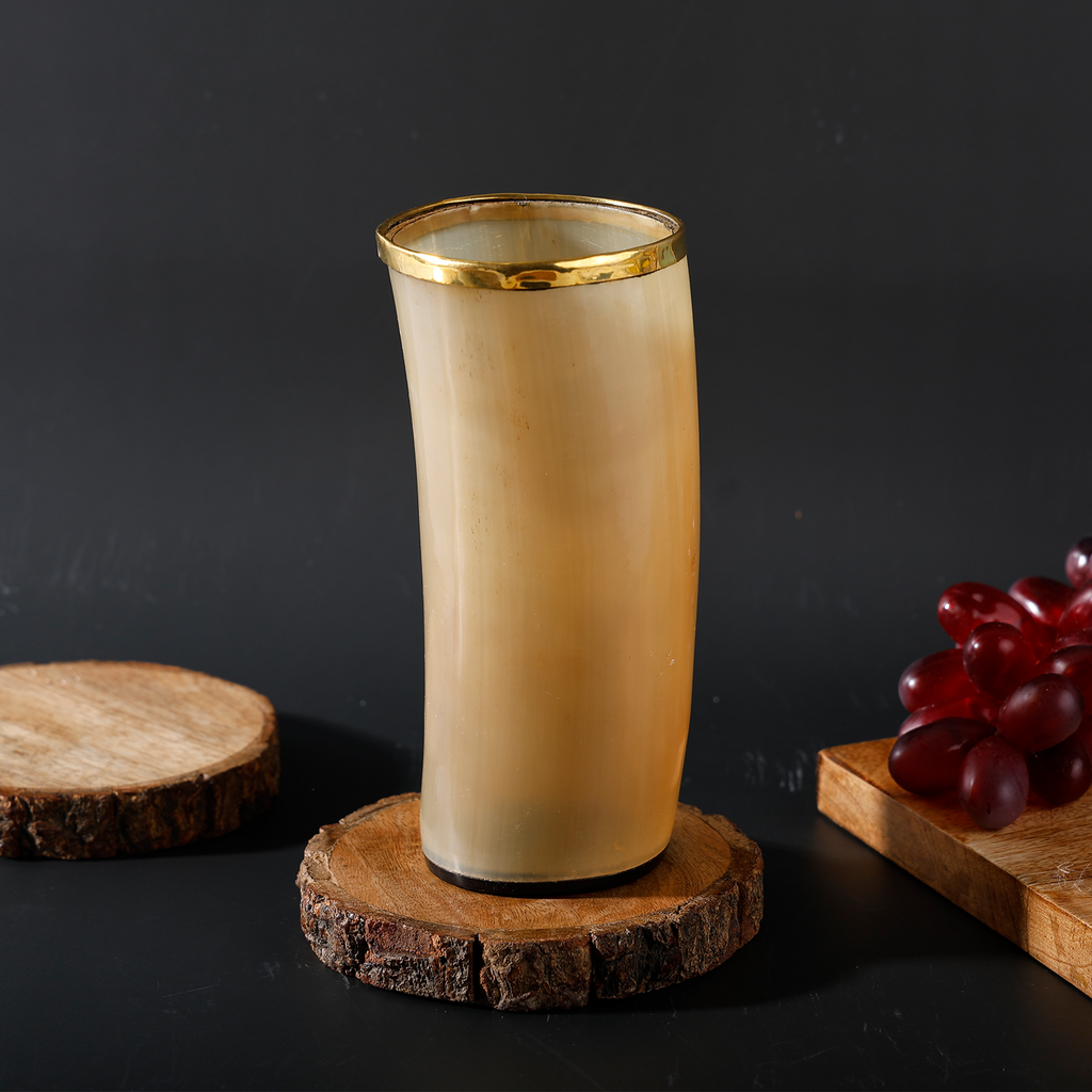 Horn Glasses 8.-10oz Natural Horn Drinkware with Brass Rim - Rustic Bar Glass