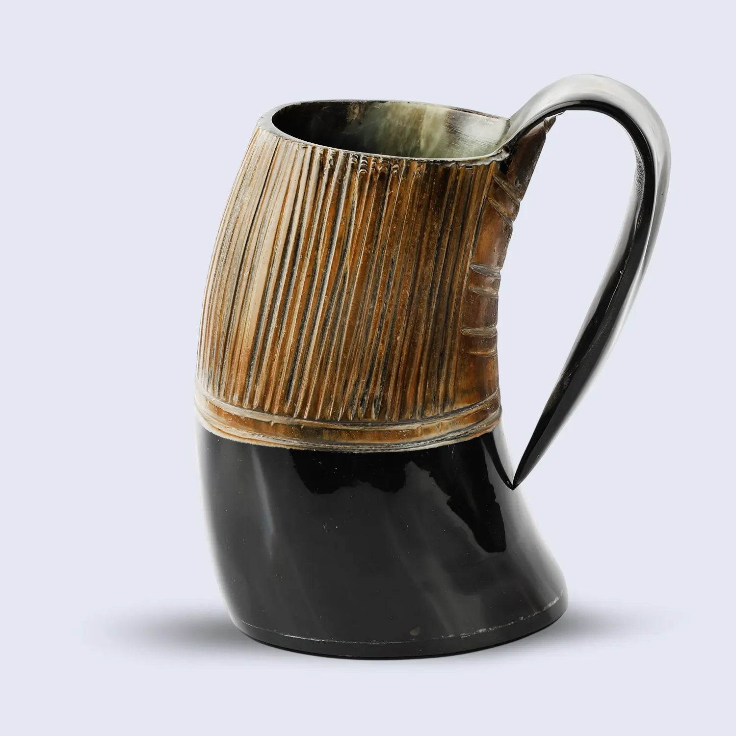 Horn Mug Striped Pattern Natural Ox Horn Drinking Cup Holds Up to 24-27 oz