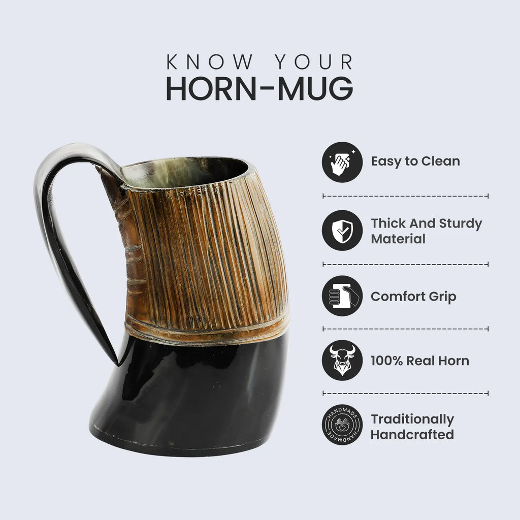 Horn Mug Striped Pattern Natural Ox Horn Drinking Cup Holds Up to 24-27 oz