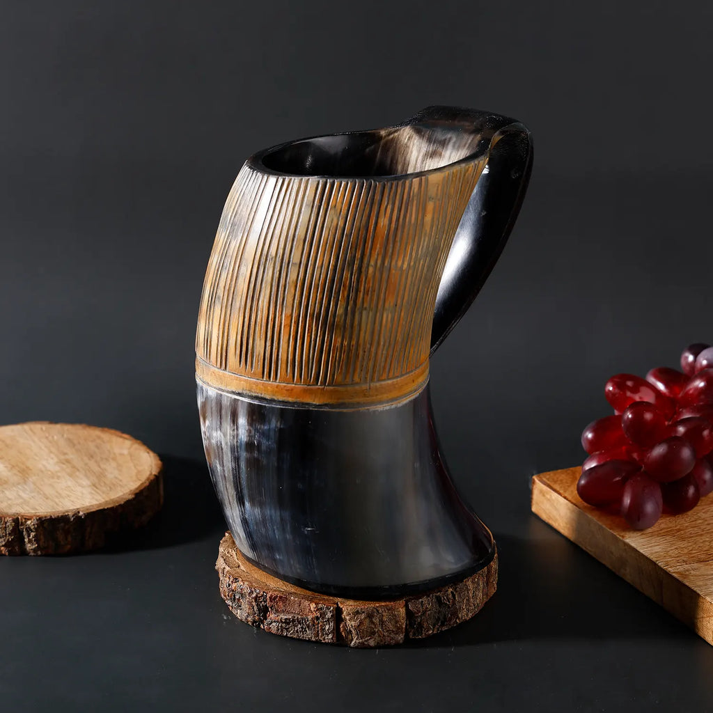 Horn Mug Striped Pattern Natural Ox Horn Drinking Cup Holds Up to 24-27 oz