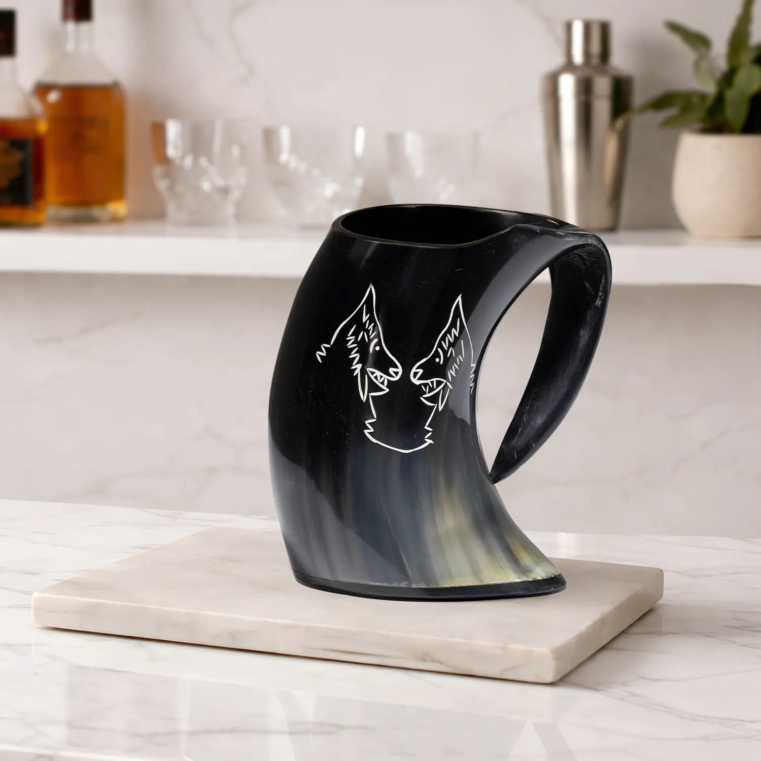 Horn Cup Twin Wolf Carved Ox Horn Drinking Cup Holds Up to 24.-27oz