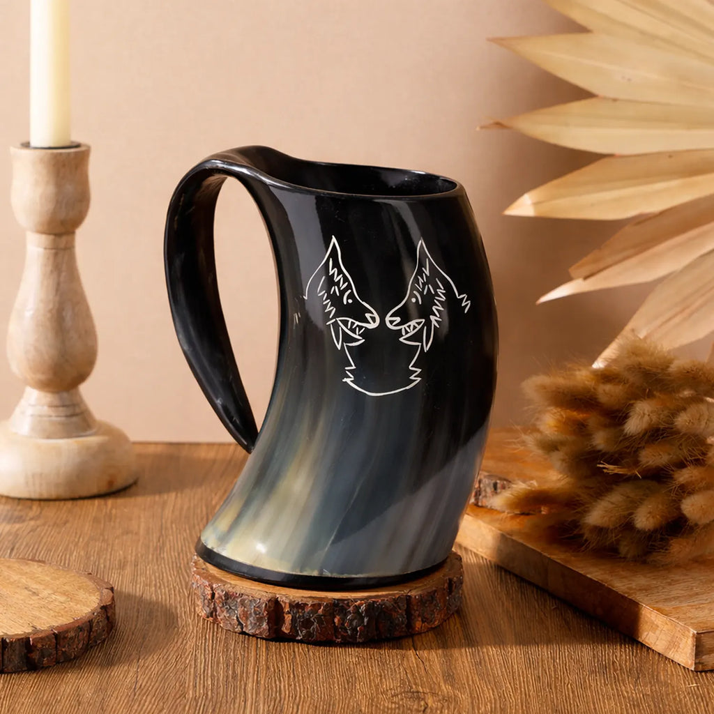 Horn Cup Twin Wolf Carved Ox Horn Drinking Cup Holds Up to 24.-27oz