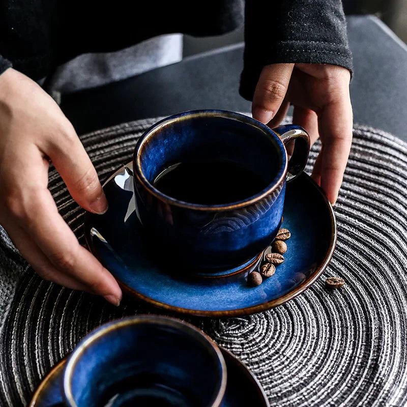 DecorBites™ Deep Blue Ceramic Espresso Coffee Cup Saucer Set