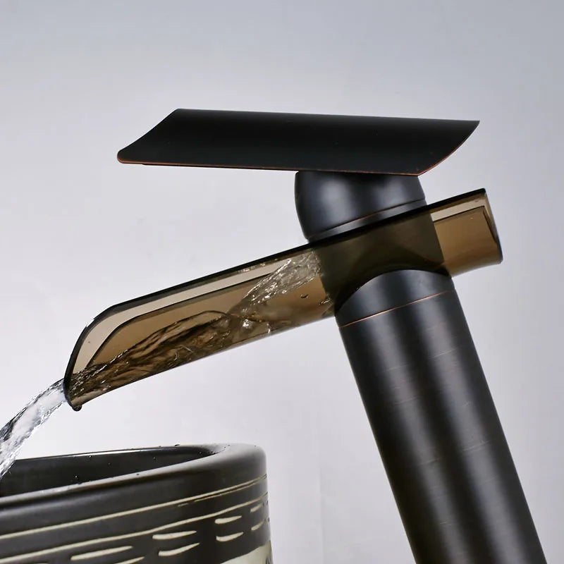 DecorBites™ Black Bronze Glass Spout Waterfall Basin Mixer Tap - Deck Mounted Countertop Faucet