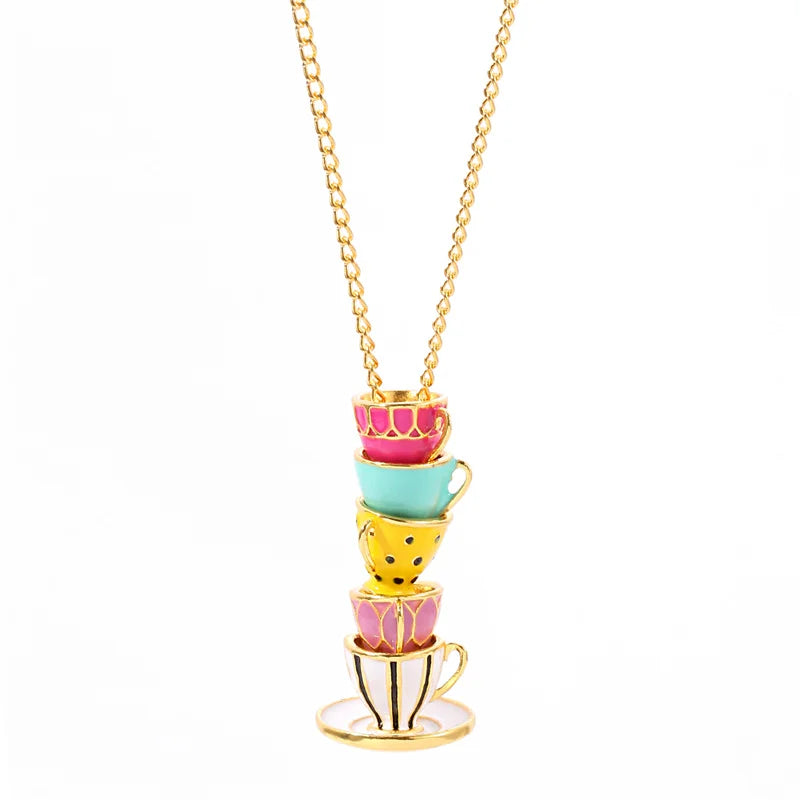 Enamel Tea Cup Pendant Necklace | Trendy Long Chain Jewelry