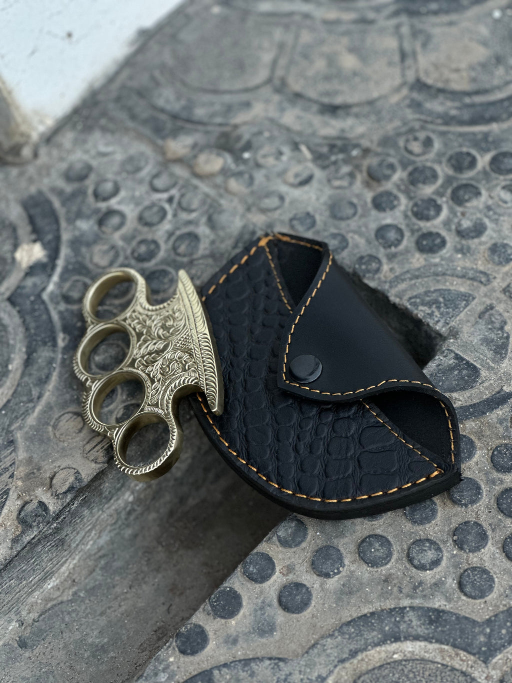 Custom Handmade Engraved Brass Knuckles with Premium Leather Carry Case – Solid Brass EDC Art Piece
