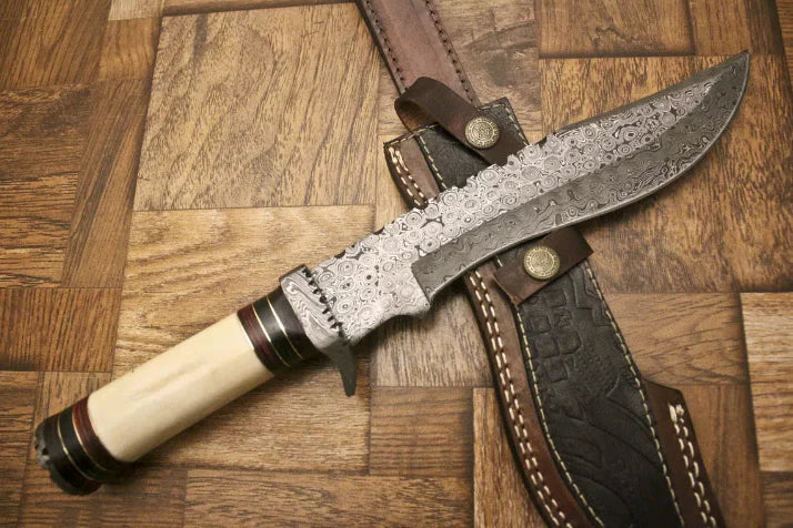 Custom Handmade 13-Inch Damascus Steel Bowie Knife with Camel Bone Handle and Damascus Guard