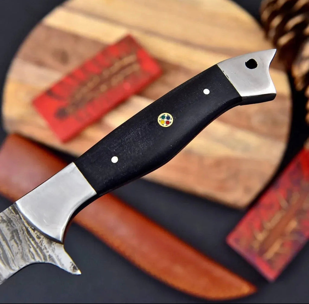 Custom Handmade Damascus Steel Fishing Fillet Knife - 13" Blade with Buffalo Horn Handle and Steel Bolster & Leather Sheath | Top Flexible Fillet Knife